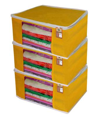 ATORAKUSHON   FABRIC 3 PIECE GARMENT STORAGE BAGS WARDROBE ORGANIZER FOR CLOTHES STORAGE BOX SAREE COVER (Yellow) 1