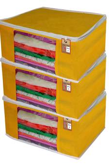 ATORAKUSHON   FABRIC 3 PIECE GARMENT STORAGE BAGS WARDROBE ORGANIZER FOR CLOTHES STORAGE BOX SAREE COVER (Yellow)