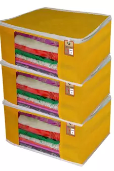 ATORAKUSHON   FABRIC 3 PIECE GARMENT STORAGE BAGS WARDROBE ORGANIZER FOR CLOTHES STORAGE BOX SAREE COVER (Yellow)
