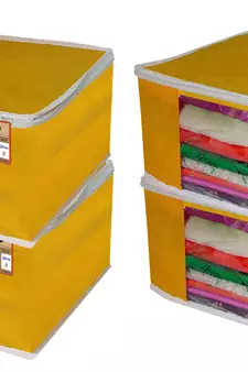 ATORAKUSHON   FABRIC 4 PIECE GARMENT STORAGE BAGS WARDROBE ORGANIZER FOR CLOTHES STORAGE BOX SAREE COVER (Yellow)
