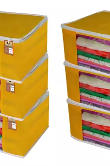 ATORAKUSHON   FABRIC 6 PIECE GARMENT STORAGE BAGS WARDROBE ORGANIZER FOR CLOTHES STORAGE BOX SAREE COVER (Yellow)