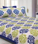 Blue Border Floral Pattern Screen Print Cotton Double Bed Sheet