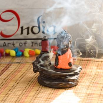 eCraftIndia Meditating Monk Buddha Smoke Fountain with 10 Backflow Cone DECORative Incense Holder 1