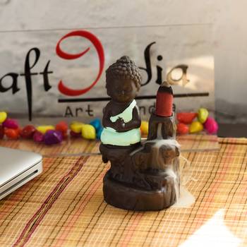 eCraftIndia Meditating Monk Buddha DECORative Showpiece with 10 free Smoke Backflow Scented Cone Incenses 1