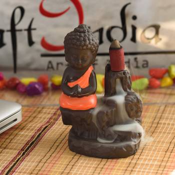eCraftIndia Meditating Monk Buddha DECORative Showpiece with 10 free Smoke Backflow Scented Cone Incenses 1