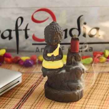 eCraftIndia Meditating Monk Buddha DECORative Showpiece with 10 free Smoke Backflow Scented Cone Incenses 1