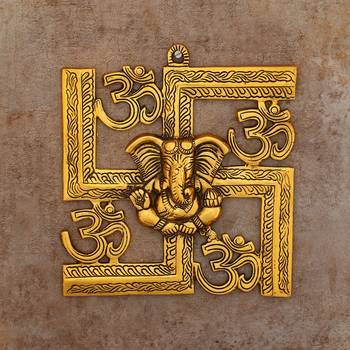 eCraftIndia Lord Ganesha Metal Wall Hanging     Om Swastik Design, Golden, 30  20 cm 1