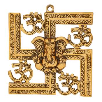 eCraftIndia Lord Ganesha Metal Wall Hanging     Om Swastik Design, Golden, 30  20 cm 2