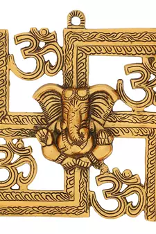 eCraftIndia Lord Ganesha Metal Wall Hanging     Om Swastik Design, Golden, 30  20 cm