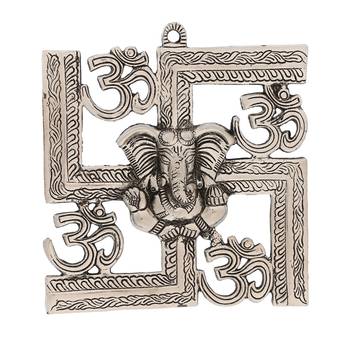 silver metal wall hanging with ganesha figurine and om-symbol motif 2