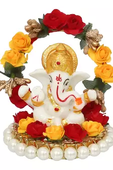 eCraftIndia Lord Ganesha Idol on DECORative Handcrafted Plate for Home and Car