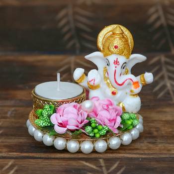 eCraftIndia Lord Ganesha Idol on DECORative Plate with Tea Light Holder 1