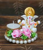 eCraftIndia Lord Ganesha Idol on DECORative Plate with Tea Light Holder