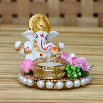 eCraftIndia Lord Ganesha Idol on DECORative Plate with Tea Light Holder 2