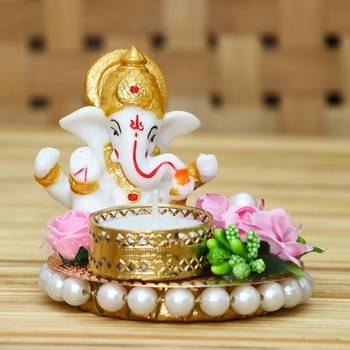 eCraftIndia Lord Ganesha Idol on DECORative Plate with Tea Light Holder 3