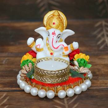 eCraftIndia Lord Ganesha Idol on DECORative Plate with Tea Light Holder 1