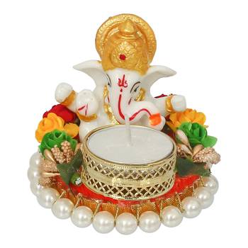 eCraftIndia Lord Ganesha Idol on DECORative Plate with Tea Light Holder 3