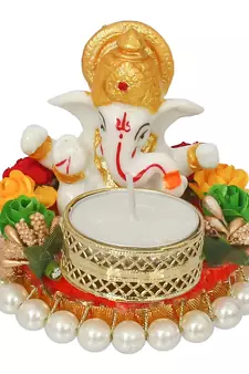 eCraftIndia Lord Ganesha Idol on DECORative Plate with Tea Light Holder