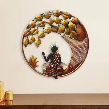 decorative lord buddha with leaves handcrafted iron wall hanging sculpture 1