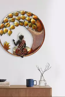 decorative lord buddha with leaves handcrafted iron wall hanging sculpture