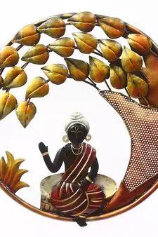 decorative lord buddha with leaves handcrafted iron wall hanging sculpture