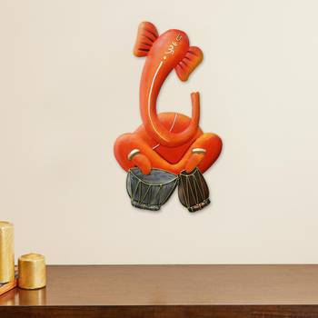 eCraftIndia Musician Lord Ganesha playing Dholak Handcrafted Iron Wall Hanging 1