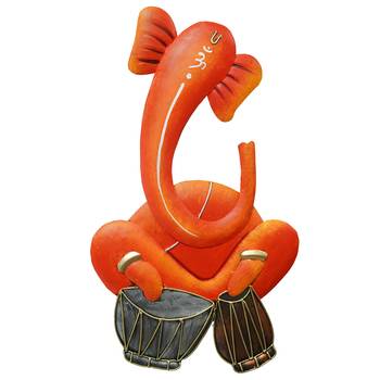 eCraftIndia Musician Lord Ganesha playing Dholak Handcrafted Iron Wall Hanging 2