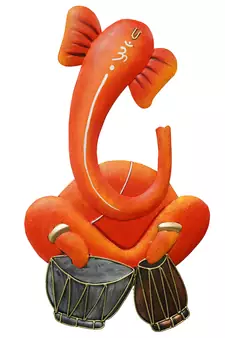eCraftIndia Musician Lord Ganesha playing Dholak Handcrafted Iron Wall Hanging