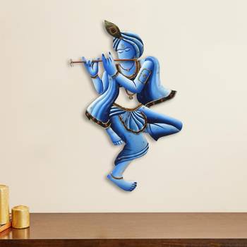 eCraftIndia Blue Lord Krishna Playing Flute Handcrafted DECORative Iron Wall Hanging 1