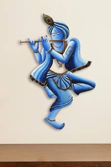 eCraftIndia Blue Lord Krishna Playing Flute Handcrafted DECORative Iron Wall Hanging