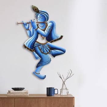 eCraftIndia Blue Lord Krishna Playing Flute Handcrafted DECORative Iron Wall Hanging 2