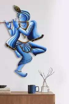 eCraftIndia Blue Lord Krishna Playing Flute Handcrafted DECORative Iron Wall Hanging