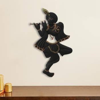 eCraftIndia Black Lord Krishna Playing Flute Handcrafted DECORative Iron Wall Hanging 1