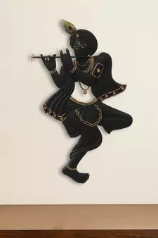 eCraftIndia Black Lord Krishna Playing Flute Handcrafted DECORative Iron Wall Hanging