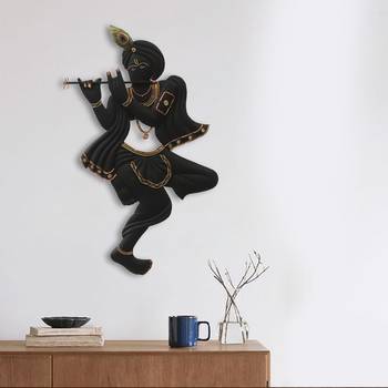 eCraftIndia Black Lord Krishna Playing Flute Handcrafted DECORative Iron Wall Hanging 2