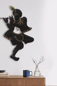 eCraftIndia Black Lord Krishna Playing Flute Handcrafted DECORative Iron Wall Hanging