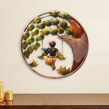 eCraftIndia Lord Krishna Playing Flute on Swing Handcrafted Iron Wall Hanging 1