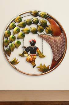 eCraftIndia Lord Krishna Playing Flute on Swing Handcrafted Iron Wall Hanging