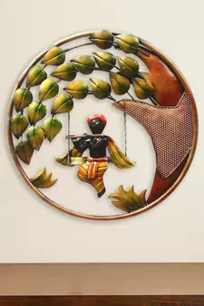 eCraftIndia Lord Krishna Playing Flute on Swing Handcrafted Iron Wall Hanging