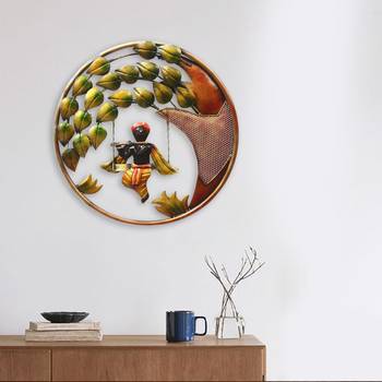 eCraftIndia Lord Krishna Playing Flute on Swing Handcrafted Iron Wall Hanging 2