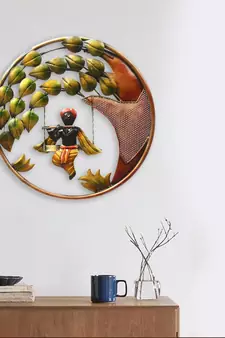 eCraftIndia Lord Krishna Playing Flute on Swing Handcrafted Iron Wall Hanging