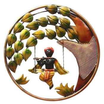 eCraftIndia Lord Krishna Playing Flute on Swing Handcrafted Iron Wall Hanging 3
