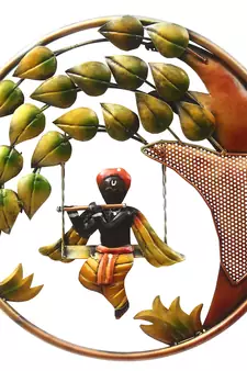 eCraftIndia Lord Krishna Playing Flute on Swing Handcrafted Iron Wall Hanging