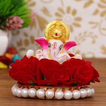 eCraftIndia Lord Ganesha Idol on DECORative Handcrafted Plate with Red Flowers 1