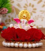 eCraftIndia Lord Ganesha Idol on DECORative Handcrafted Plate with Red Flowers