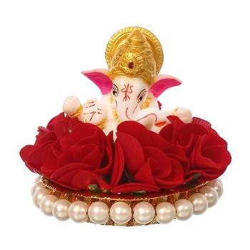 eCraftIndia Lord Ganesha Idol on DECORative Handcrafted Plate with Red Flowers 3