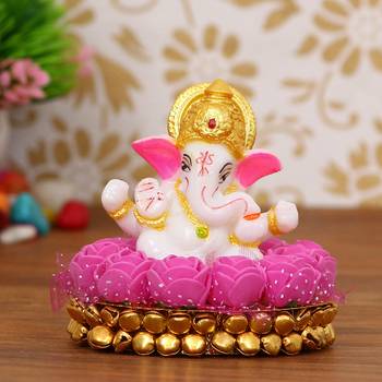 eCraftIndia Lord Ganesha Idol on DECORative Handcrafted Plate with Pink Flowers 1