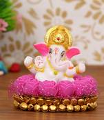 eCraftIndia Lord Ganesha Idol on DECORative Handcrafted Plate with Pink Flowers