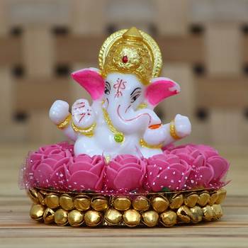 eCraftIndia Lord Ganesha Idol on DECORative Handcrafted Plate with Pink Flowers 2