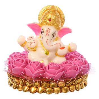 eCraftIndia Lord Ganesha Idol on DECORative Handcrafted Plate with Pink Flowers 3